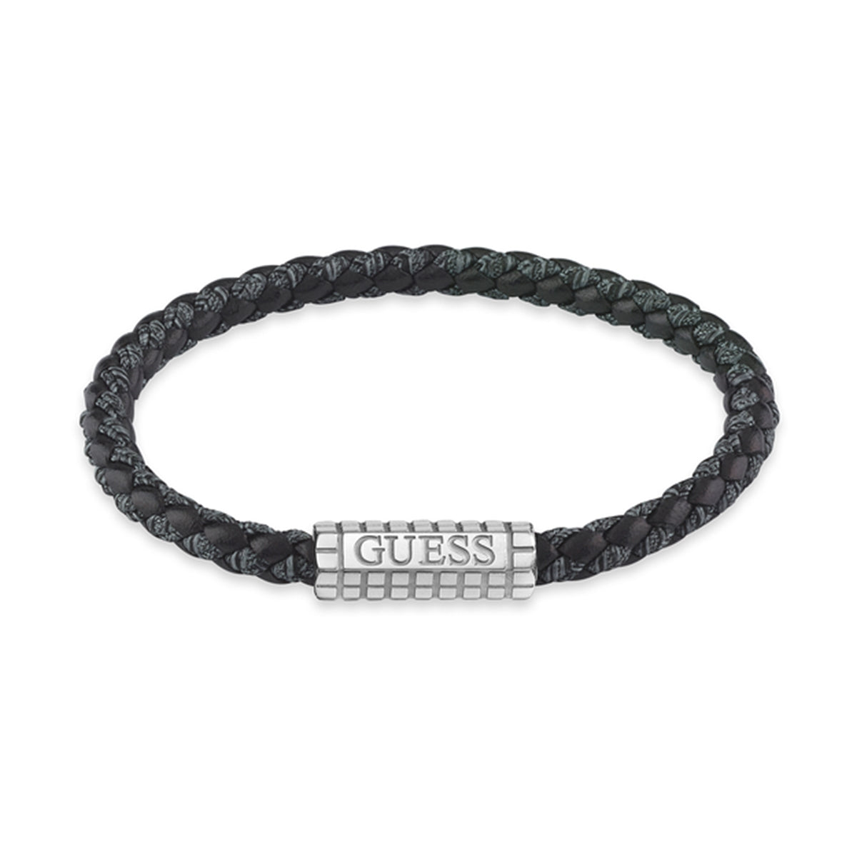 Alt Tag: GUESS JEWELS JEWELRY Mod. JUMB05036JWSTBKS black braided bracelet with silver metal accent.