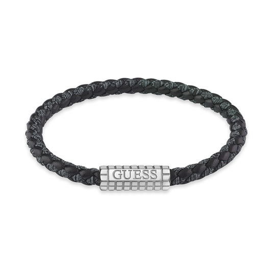 Alt Tag: GUESS JEWELS JEWELRY Mod. JUMB05036JWSTBKS black braided bracelet with silver metal accent.