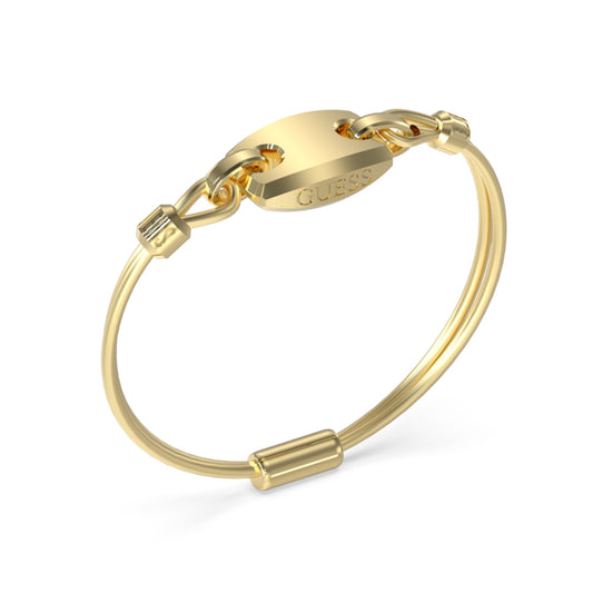 Alt Tag: GUESS JEWELS JEWELRY Mod. JUMB05041JWYGS gold bracelet with engraved logo design.