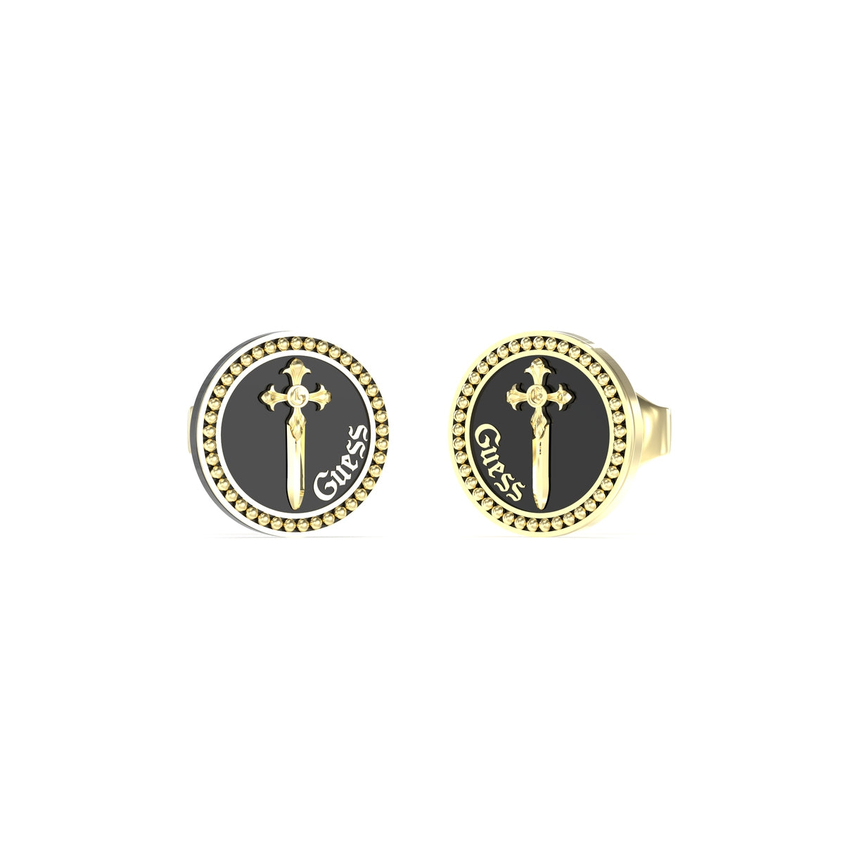 GUESS JEWELS JEWELRY Mod. JUME04021JWYGBKT-U elegant earrings with gold-tone detailing and black backdrop
