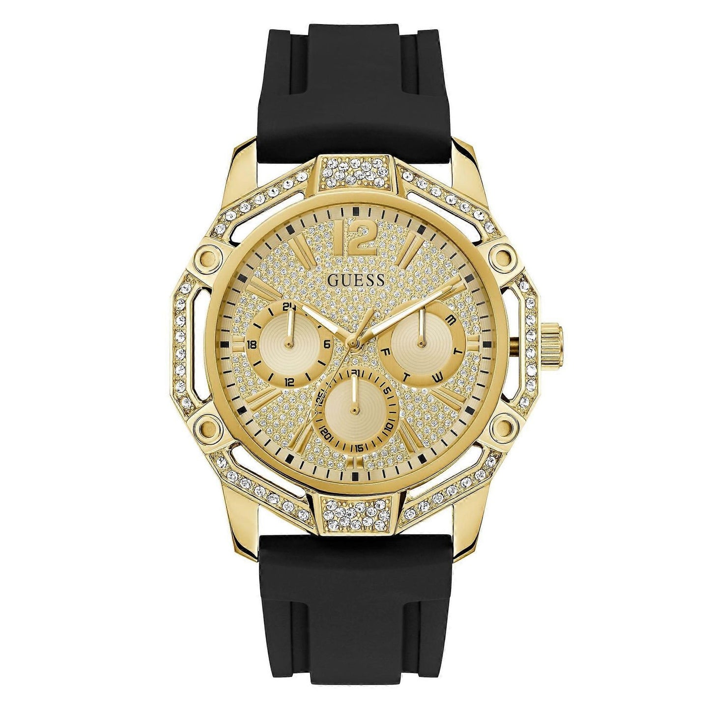 Gold and black watch, GUESS Mod. REGAL, with diamond-studded bezel and strap, showcasing luxury design.