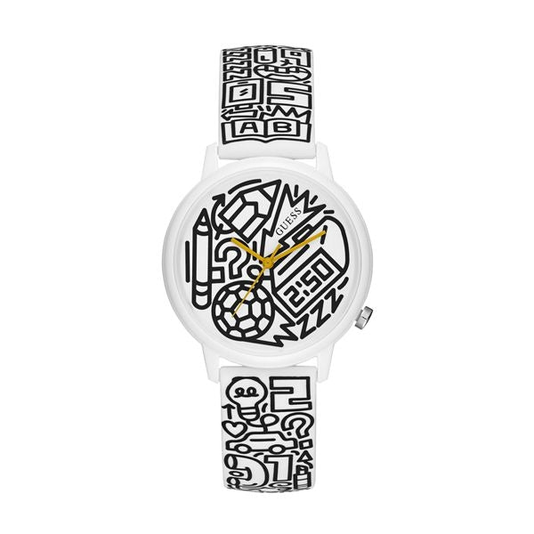 GUESS Mod. TIME TO GIVE unisex wristwatch with 38mm polycarbonate case, rubber strap, quartz movement, and mineral dial. Water resistant 3 ATM.