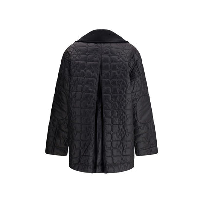 Back view of Ganni Gray Nylon Coat with corduroy collar and quilted design, featuring practical patch pockets and elegant style.