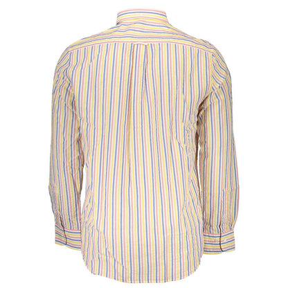 Back view of a striped mens shirt with multiple colors. Long sleeves and a classic fit, suitable for casual and formal occasions.
