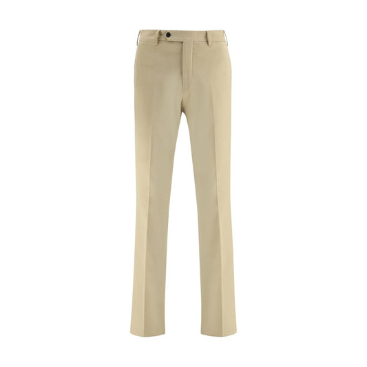 Germano Beige Cotton Chino Pants with mid-rise waist, front zipper, button closure, belt loops, side welt pockets, and back pockets.