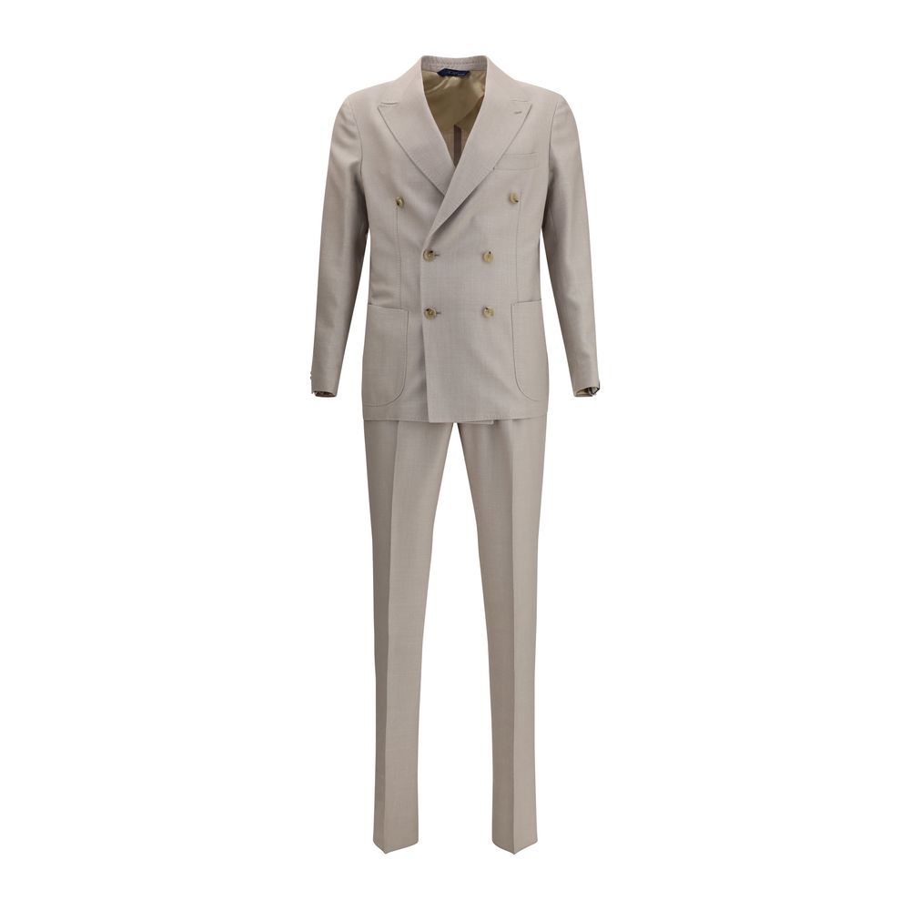 Gi Capri Virgin wool Suit double-breasted blazer and pants with peaked lapels and welt pockets, showcasing elegant and refined styling.