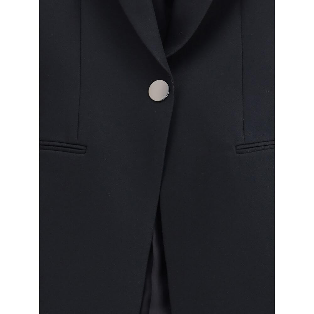 Giorgio Armani Black Polyester Blazer with notched lapels and single-button closure, showcasing elegance and sophistication for AW25.