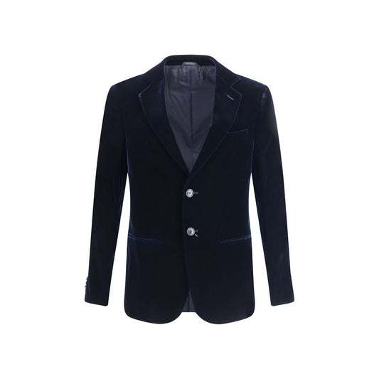 Giorgio Armani Black Viscose Blazer with notched lapels, two-button closure, and welt pockets showcasing timeless elegance.