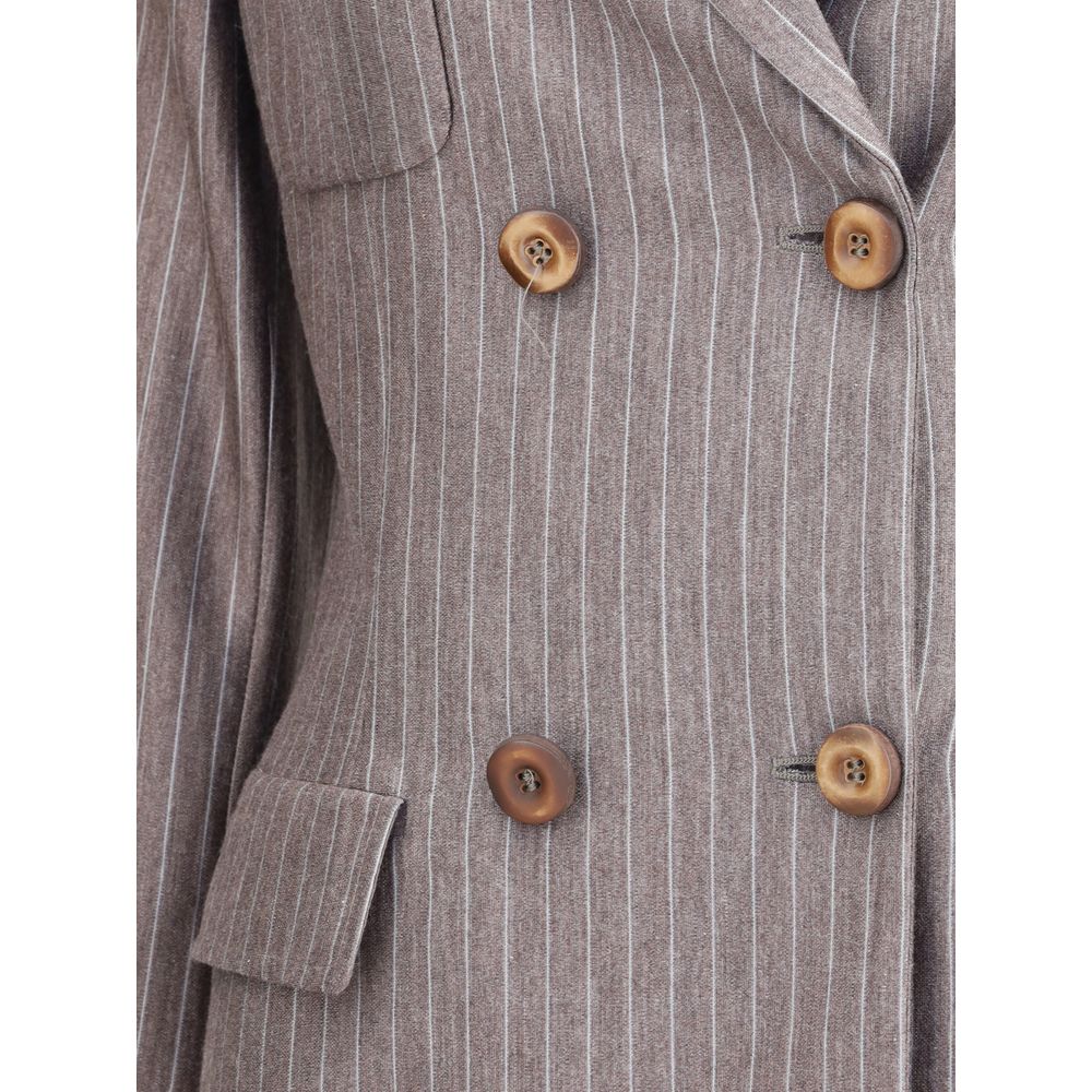 Close-up of Giorgio Armani Brown Cashmere Blazer featuring striped jersey, double-breasted design, and wood buttons for a classic look.