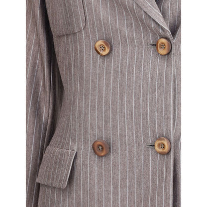 Close-up of Giorgio Armani Brown Cashmere Blazer featuring striped jersey, double-breasted design, and wood buttons for a classic look.