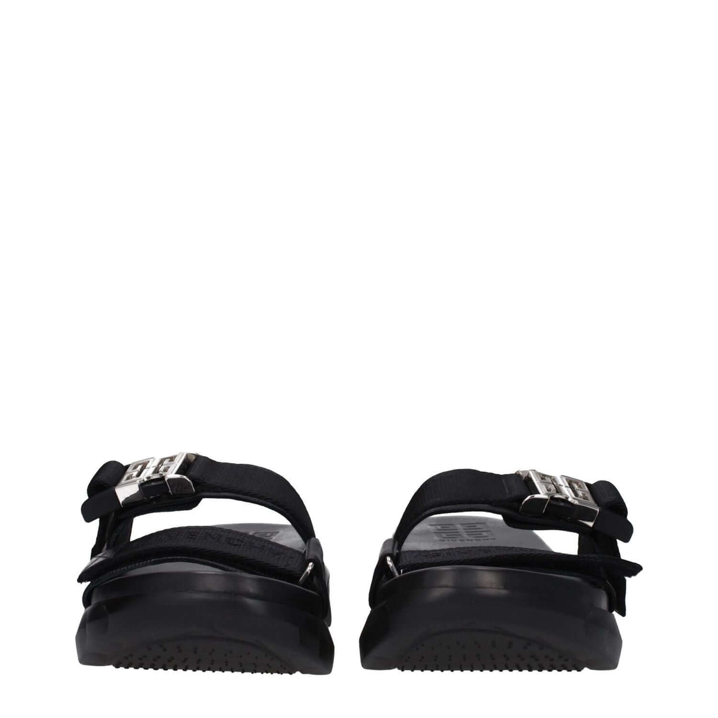 Givenchy Black Fabric Slippers with silver clips closure and open toe design, featuring a 4 cm mid heel and rubber sole.