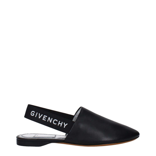 Givenchy Black Leather Mules with side and back logo, featuring a casual style, round toe, and low flat heel.