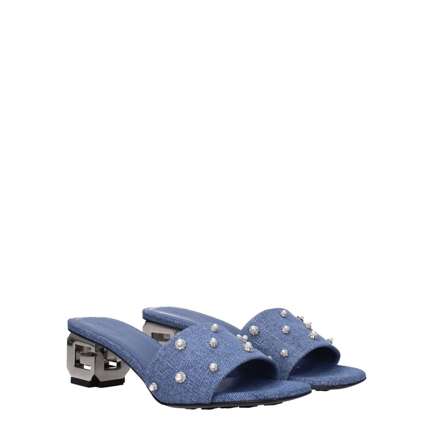 Givenchy Blue Fabric Sandals with side logo, beaded rhinestones, leather sole, and mid heels. Stylish vintage open toe featuring denim accents.