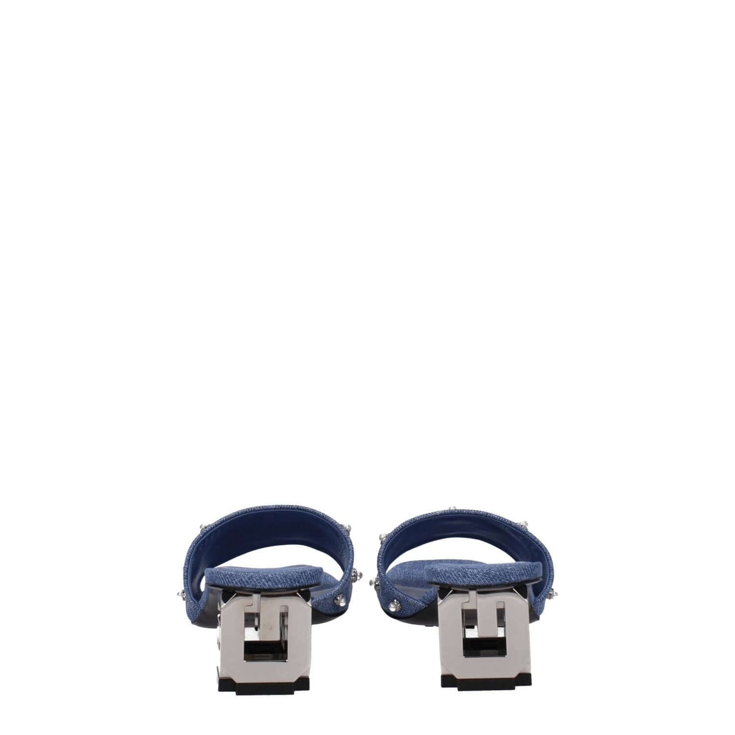 Givenchy Blue Fabric Sandals with rhinestones and side logo, open toe, mid heels, and leather sole, viewed from the back.