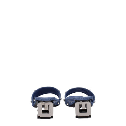 Givenchy Blue Fabric Sandals with rhinestones and side logo, open toe, mid heels, and leather sole, viewed from the back.