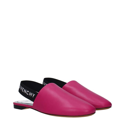 Givenchy Pink Leather Sandals featuring black side and back logos, round toe, low flat heel, cyclamen accent, casual style.
