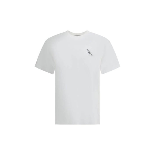 Alt Tag: Givenchy White Cotton T-Shirt with angled logo and ribbed crew neck, combining contemporary style with comfort for AW25 collection.