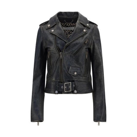Golden Goose Black Calf Leather Bos Taurus Biker Jacket with asymmetrical zipper, lapels, and belt buckle.