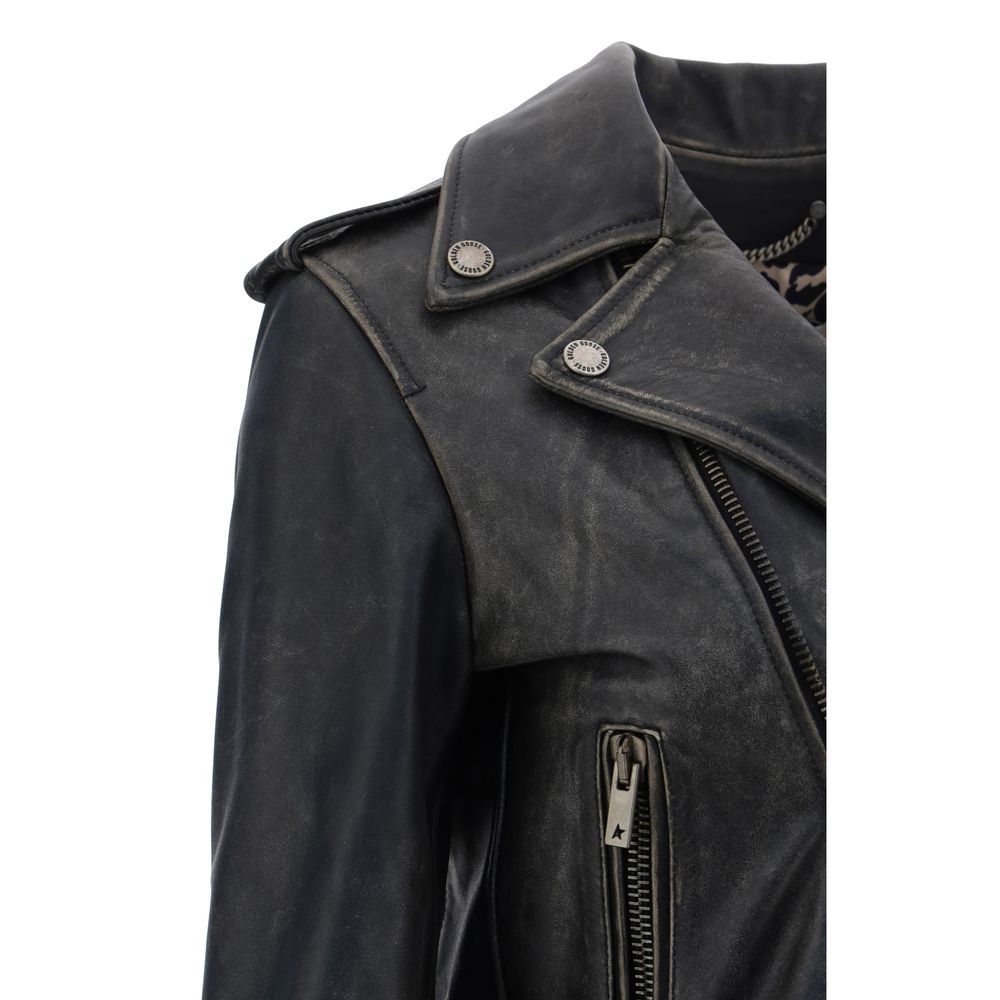 Golden Goose Black Calf Leather Bos Taurus Biker Jacket with metallic buttons, asymmetrical zipper, and slanted welt pocket