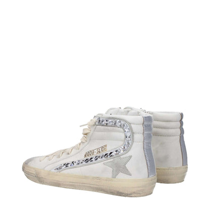 Golden Goose White Leather High Top Sneakers with vintage effect and silver details.
