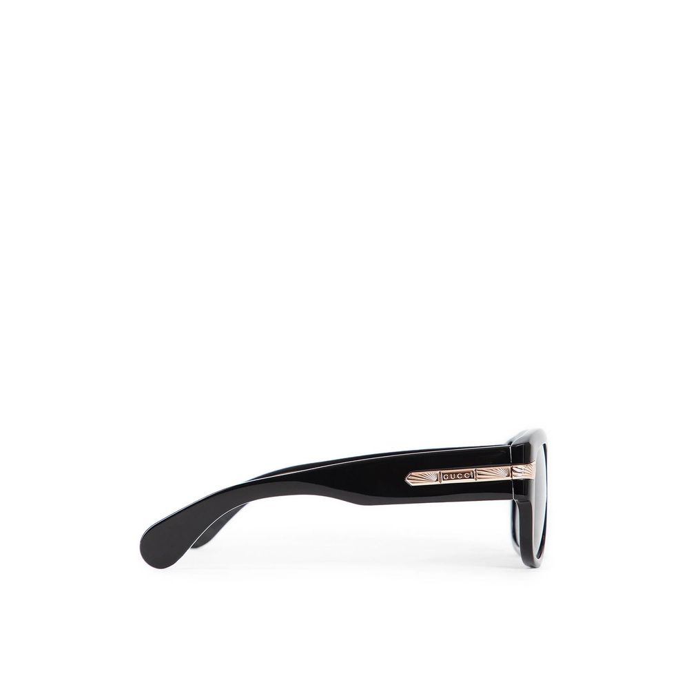 Side view of Gucci Black Acetate Sunglasses showcasing shiny frame and temple with designer logo, providing 100% UVA/UVB protection.