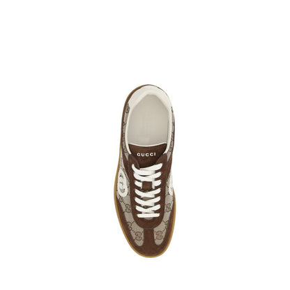 Top view of Gucci Brown Calf Leather Bos Taurus Low Top Sneakers with GG fabric and suede details.