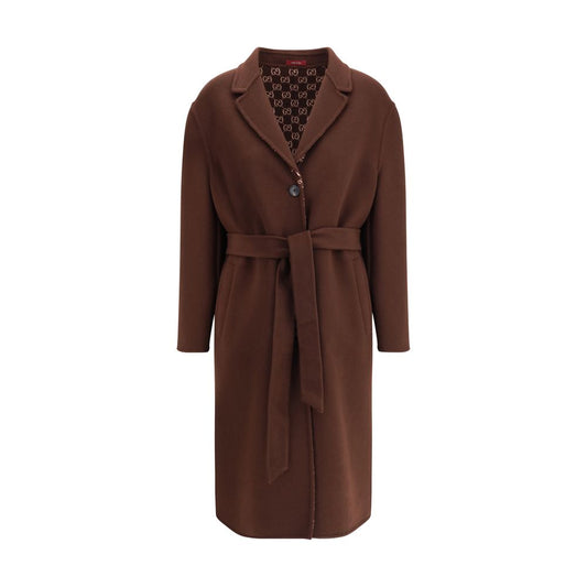 Gucci Brown Wool Coat with reversible silk detailing and notch lapels, showcasing elegance and versatility.
