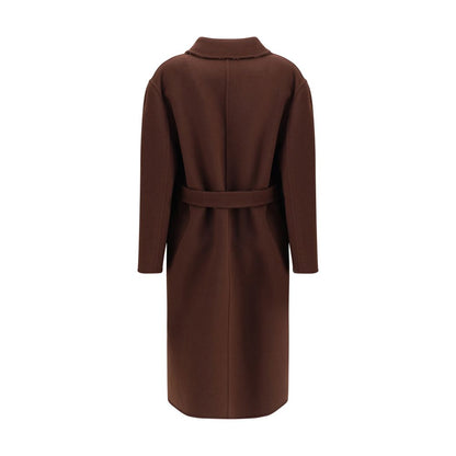 Back view of Gucci Brown Wool Coat with classic notch lapels and button closure, showcasing versatility in elegant brown and pink silk wool.