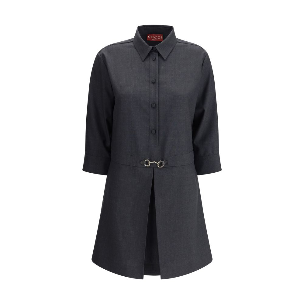 Gucci Gray Wool Casual Dress with classic collar, front buttons, and horsebit detail, showcasing elegant and refined style.