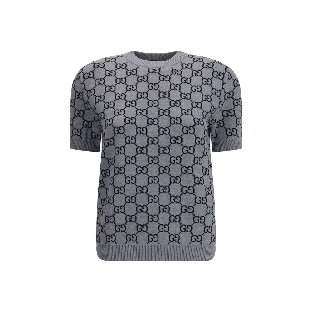 Gucci Gray Wool Sweatshirt with GG Supreme pattern, short-sleeve retro-inspired design, ribbed crew neck and trim, celebrating classic style.