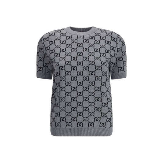 Gucci Gray Wool Sweatshirt with GG Supreme pattern and ribbed trim, short-sleeve design. Retro-inspired fashion piece for AW25 season.