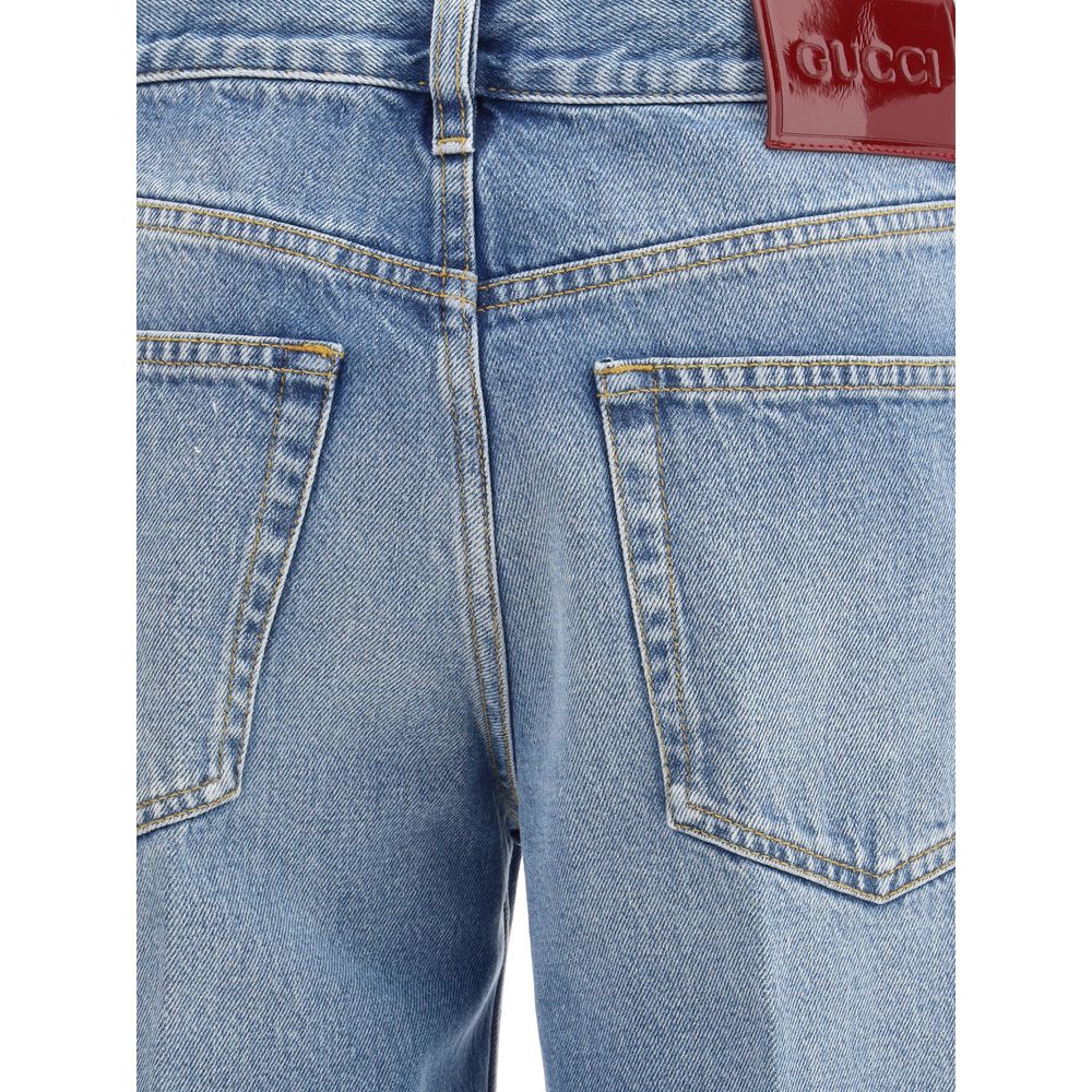 Back view of Gucci Light Blue Cotton Straight-Leg Jeans with naplak label and classic five-pocket design.