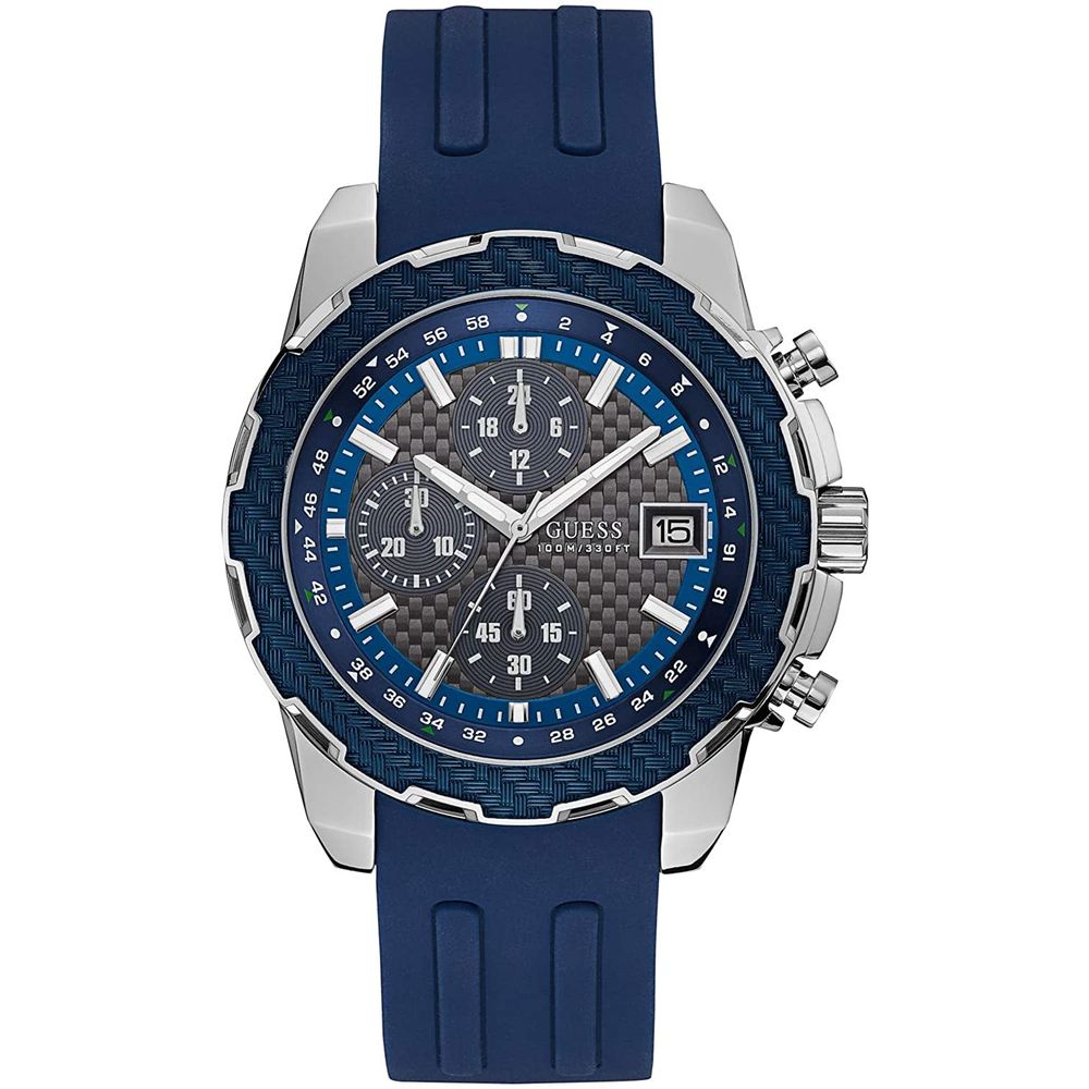 Guess Blue Rubber Sport Watch with stainless steel case, blue rubber bracelet, analog quartz, and blue/grey dial, mineral glass, buckle closure.