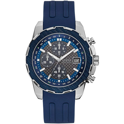 Guess Blue Rubber Sport Watch with stainless steel case, blue rubber bracelet, analog quartz, and blue/grey dial, mineral glass, buckle closure.