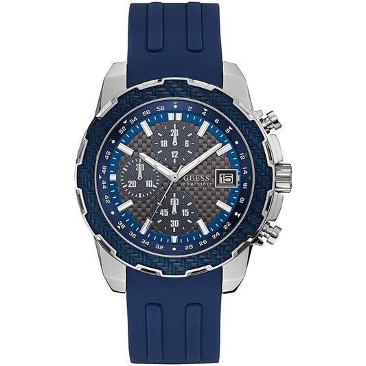 Guess Blue Rubber Sport Watch with stainless steel case, blue rubber bracelet, analog quartz, and blue/grey dial, mineral glass, buckle closure.