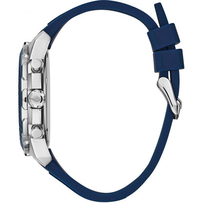 Side view of Guess Blue Rubber Sport Watch with stainless steel case and blue rubber strap.