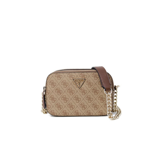 Guess Brown Polyethylene Handbag with logo pattern, gold-tone chain strap, and eco-leather material, perfect for stylish everyday use.
