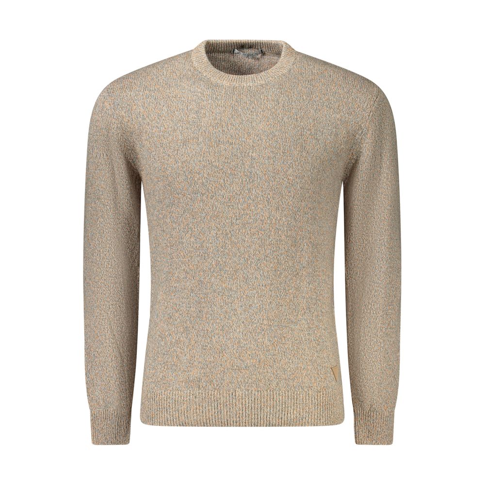 Guess Jeans Beige Cotton Men Sweater, long-sleeved crew neck, showcases a stylish beige hue with contrasting details and brand logo.