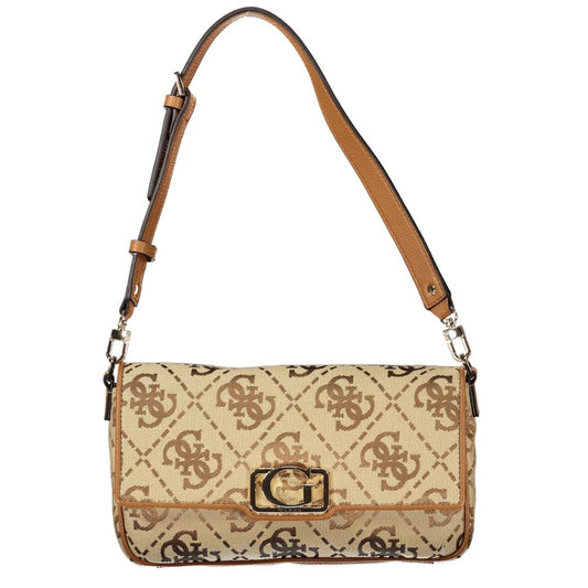 Guess Jeans Beige Polyester Women Handbag with monogram print and adjustable strap.