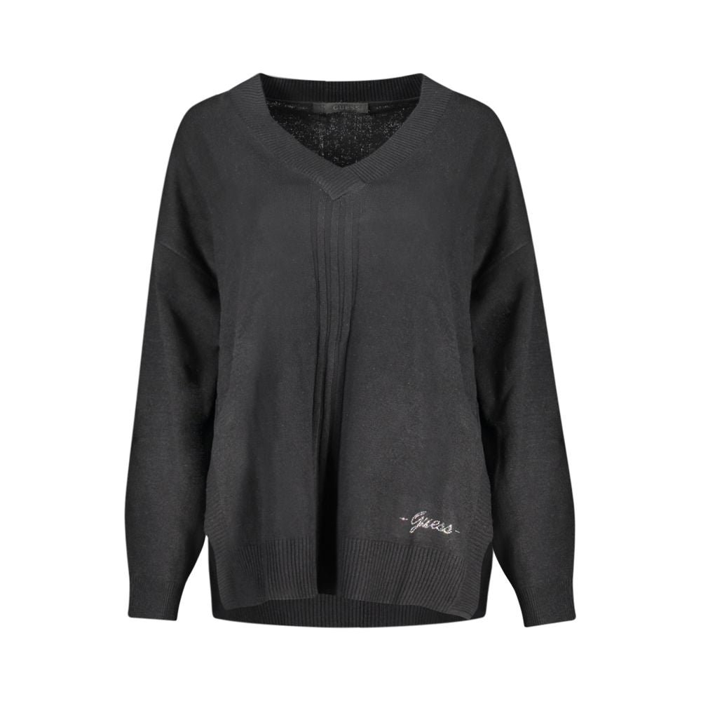 Guess Jeans Black Cotton Sweater with long sleeves, V-neck, and contrasting details.