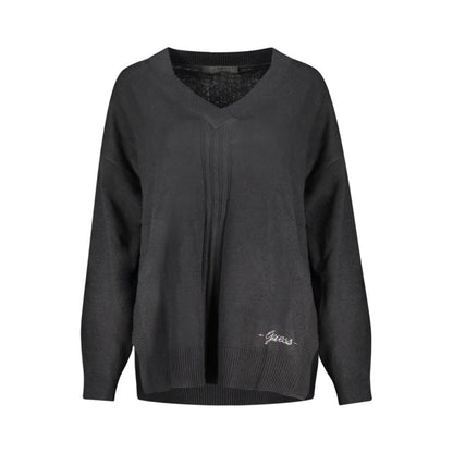 Guess Jeans Black Cotton Sweater with long sleeves, V-neck, and contrasting details.