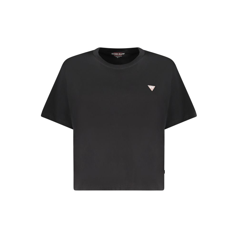 Guess Jeans Black Cotton Women T-Shirt with short sleeves and crew neck, featuring a boxy silhouette and applique logo.