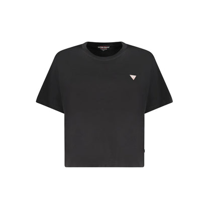 Guess Jeans Black Cotton Women T-Shirt with short sleeves and crew neck, featuring a boxy silhouette and applique logo.