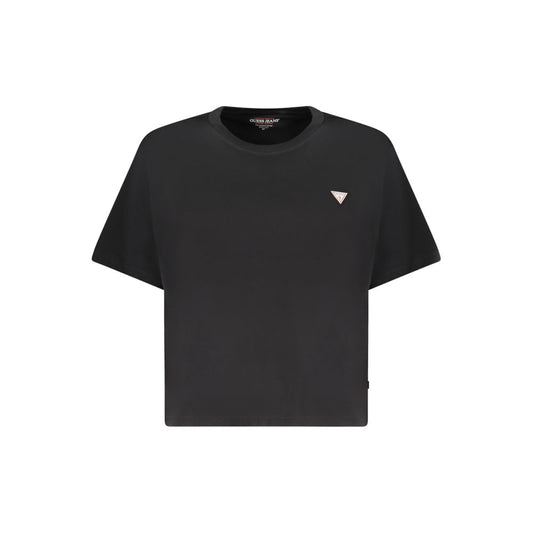 Guess Jeans Black Cotton Women T-Shirt with short sleeves and crew neck, featuring a boxy silhouette and applique logo.
