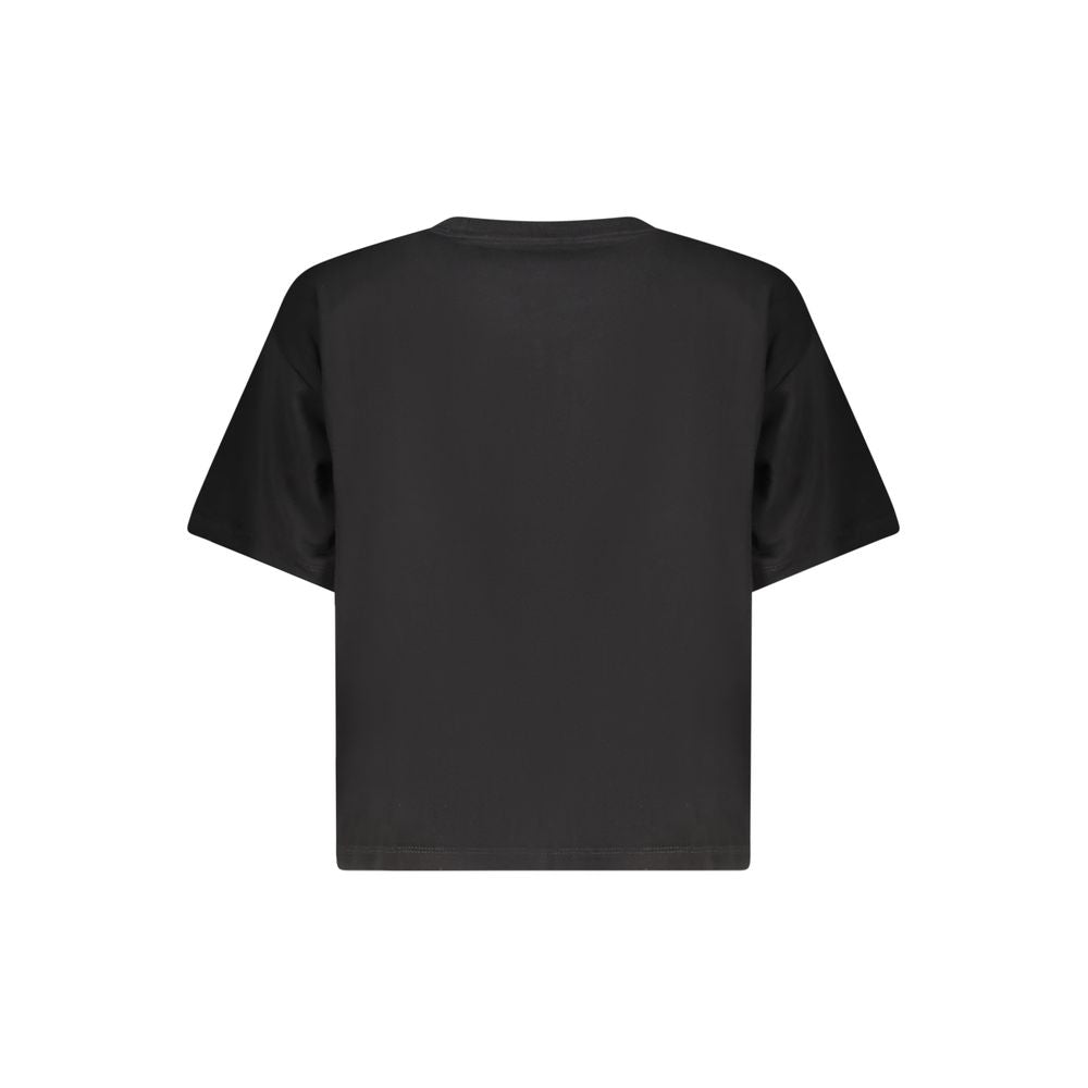 Back view of Guess Jeans Black Cotton Women T-Shirt featuring a crew neck and short sleeves in iconic black, made from organic cotton.