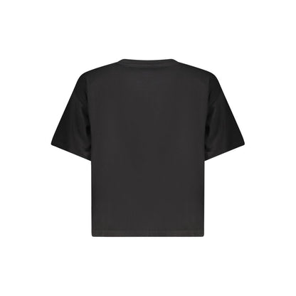 Back view of Guess Jeans Black Cotton Women T-Shirt featuring a crew neck and short sleeves in iconic black, made from organic cotton.