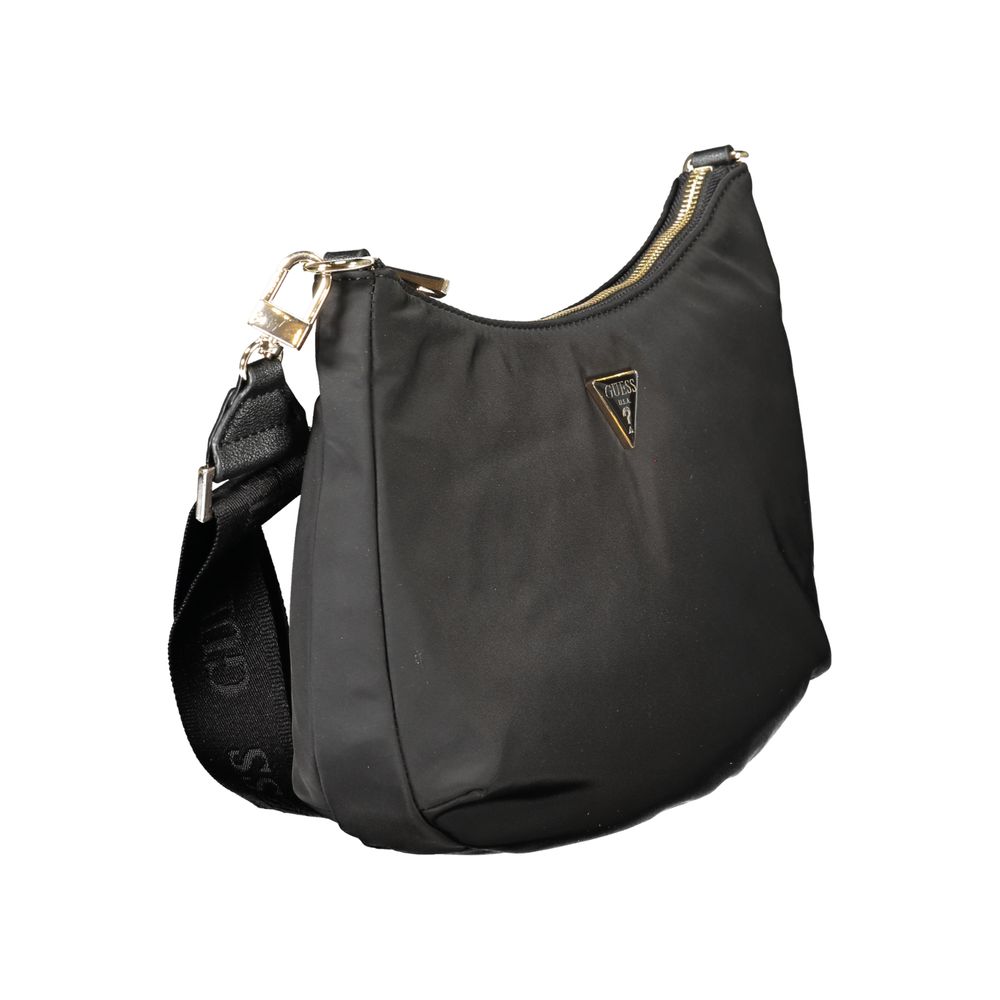 Guess Jeans Black Polyester Handbag with adjustable strap, eco-friendly design, zip closure, and internal pockets for documents.