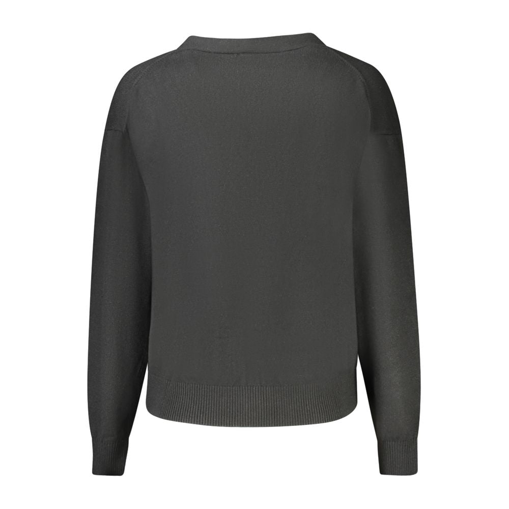 Back view of Guess Jeans Black Polyester Women Cardigan with long sleeves and ribbed details.
