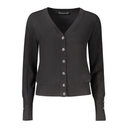 Guess Jeans Black Viscose Women Cardigan with rhinestone buttons and Guess logo, elegant V-neck design