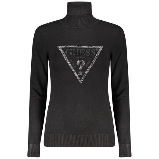 Guess Jeans Black Viscose Women Sweater with rhinestone logo on front, elegant turtleneck design, offering chic glamour and comfort.